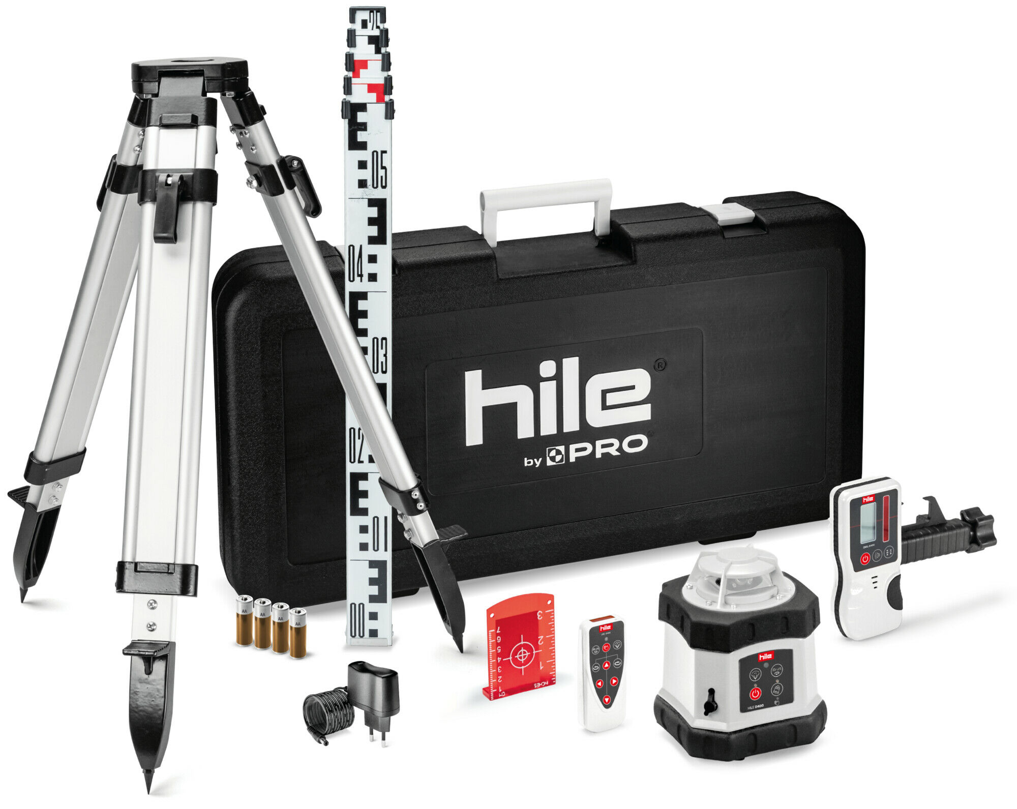 Laserowy niwelator rotacyjny Hile D400 - zestaw ze statywem i łatą PRO