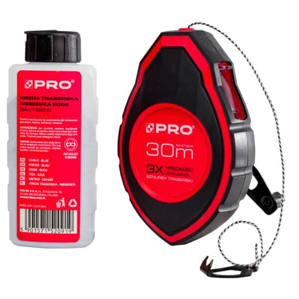 Sznurek traserski z kredą i poziomnicą sznurkową