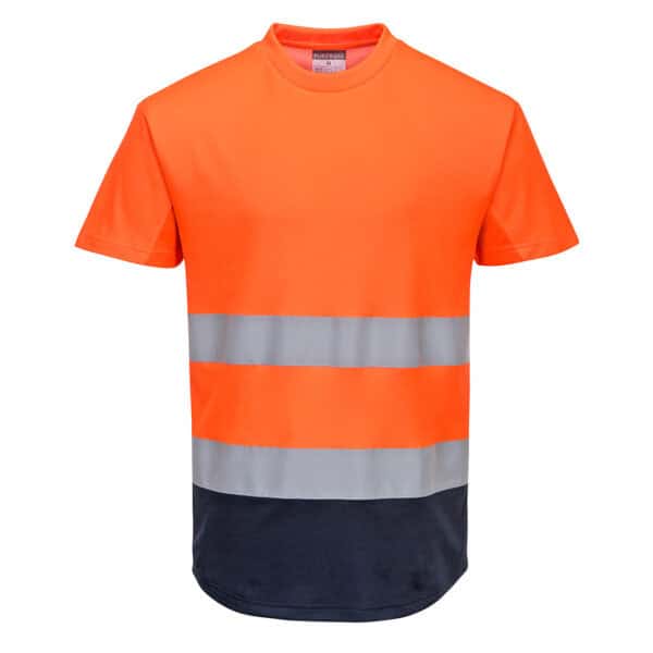 Portwest C395 Dwukolorowy T-Shirt Siatkowy Hi-Vis Pomarańczowy/Granat – oddychająca koszulka ostrzegawcza EN ISO 20471
