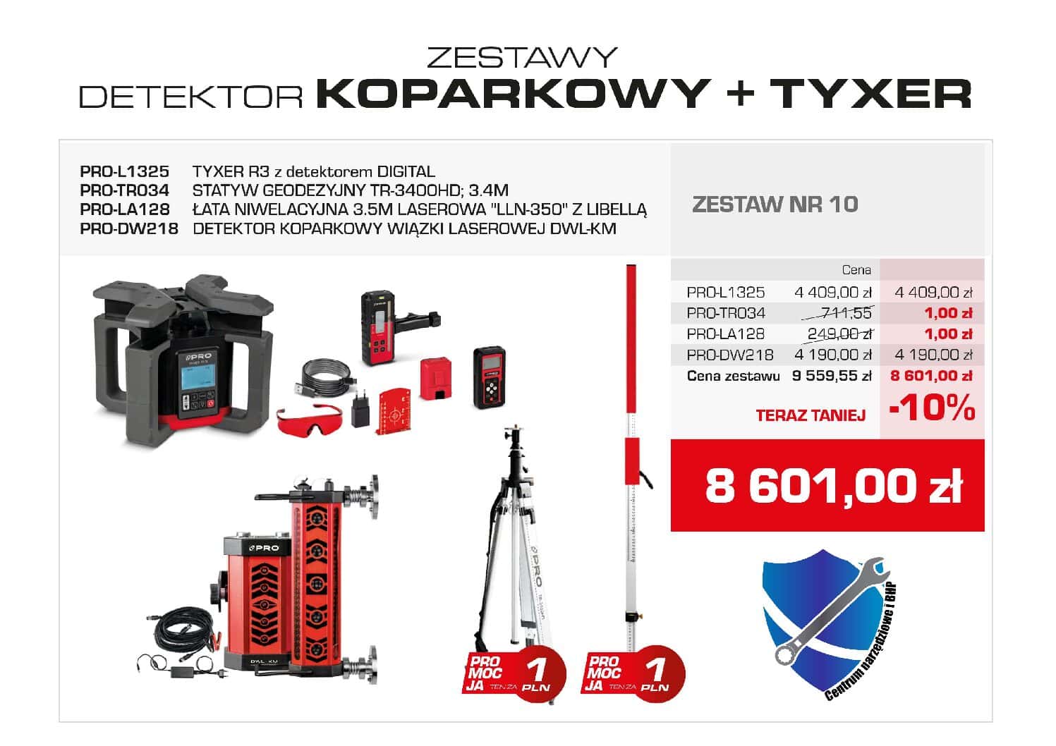 Strona główna - Centrum Narzędziowe i BHP Poznań 15 Zestaw laserowy PRO TYXER R3 z detektorem DIGITAL – statyw 3,4 m + łata 3,5 m + detektor koparkowy