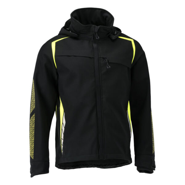 MASCOT ACCELERATE SAFE 23002-246-0917 – kurtka softshell z kapturem, czarna/żółta hi-vis, oddychająca i wiatroszczelna
