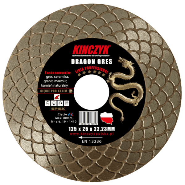 Kińczyk DRAGON-GRES Professional 125 mm – tarcza diamentowa do gresu, cięcia 45° i szlifowania