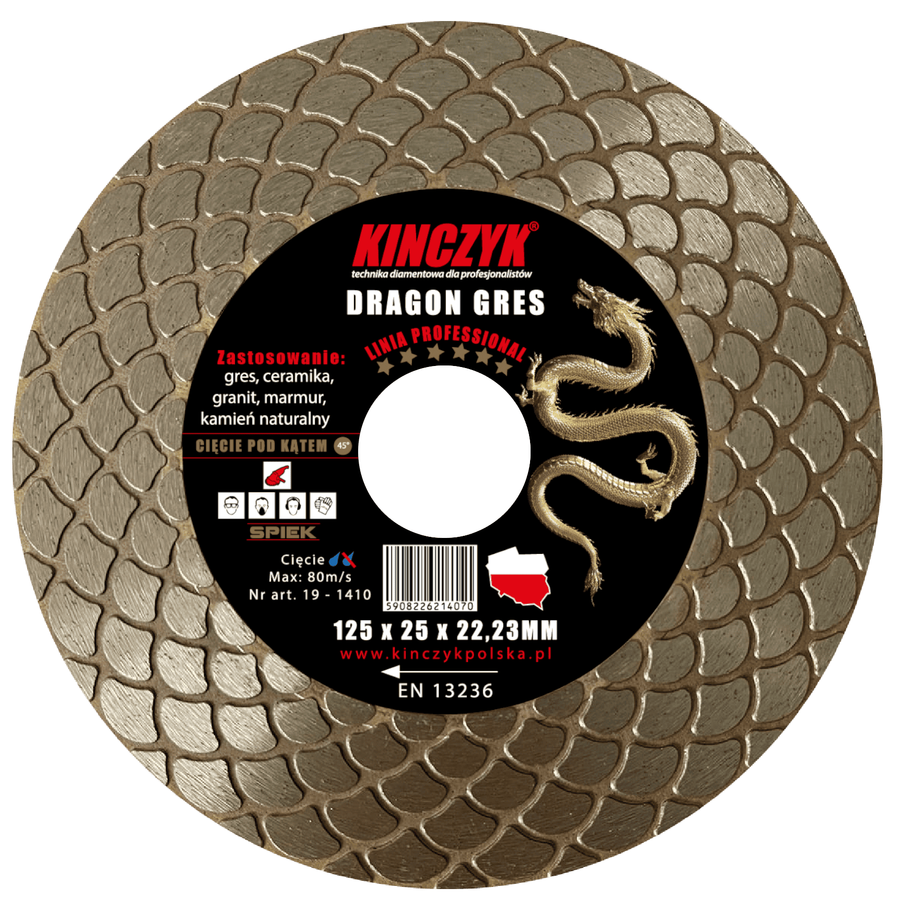Kińczyk DRAGON-GRES Professional 125 mm – tarcza diamentowa do gresu, cięcia 45° i szlifowania 1 Kińczyk DRAGON-GRES Professional 125 mm – tarcza diamentowa do gresu, cięcia 45° i szlifowania