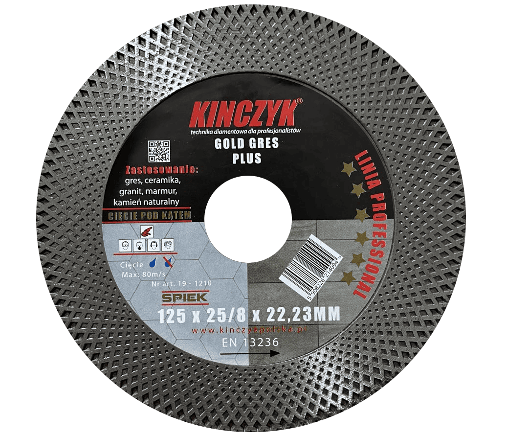 Kińczyk GOLD-GRES PLUS 125 mm – tarcza diamentowa do gresu, cięcia 45° i szlifowania 1 Kińczyk GOLD-GRES PLUS 125 mm – tarcza diamentowa do gresu, cięcia 45° i szlifowania