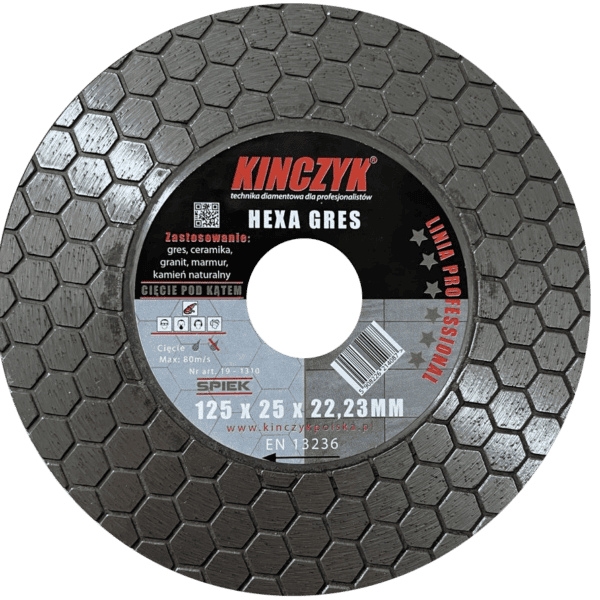 Kińczyk HEXA-GRES Professional 125 mm – tarcza diamentowa do gresu, cięcia 45° i szlifowania