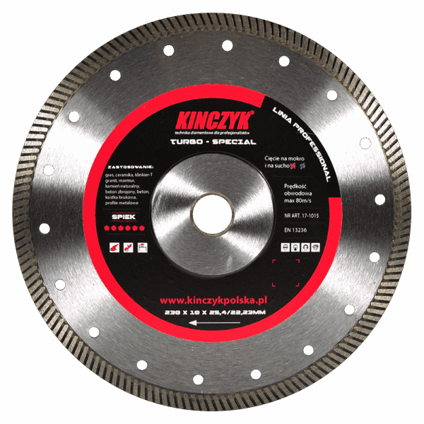 Kińczyk TURBO-SPECIAL Professional – uniwersalna tarcza diamentowa do gresu, betonu zbrojonego, ceramiki i metalu 115–250 mm